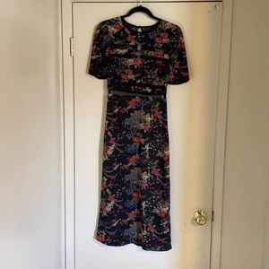 Urban Outfitters Black Floral Midi Dress with Sheer Lace Panels and Keyhole Back